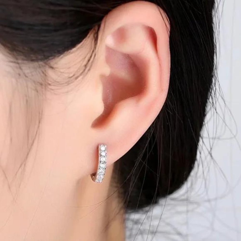 NEW 925 STERLING SILVER DIAMOND HOOPS EARRINGS - Picture 2 of 5
